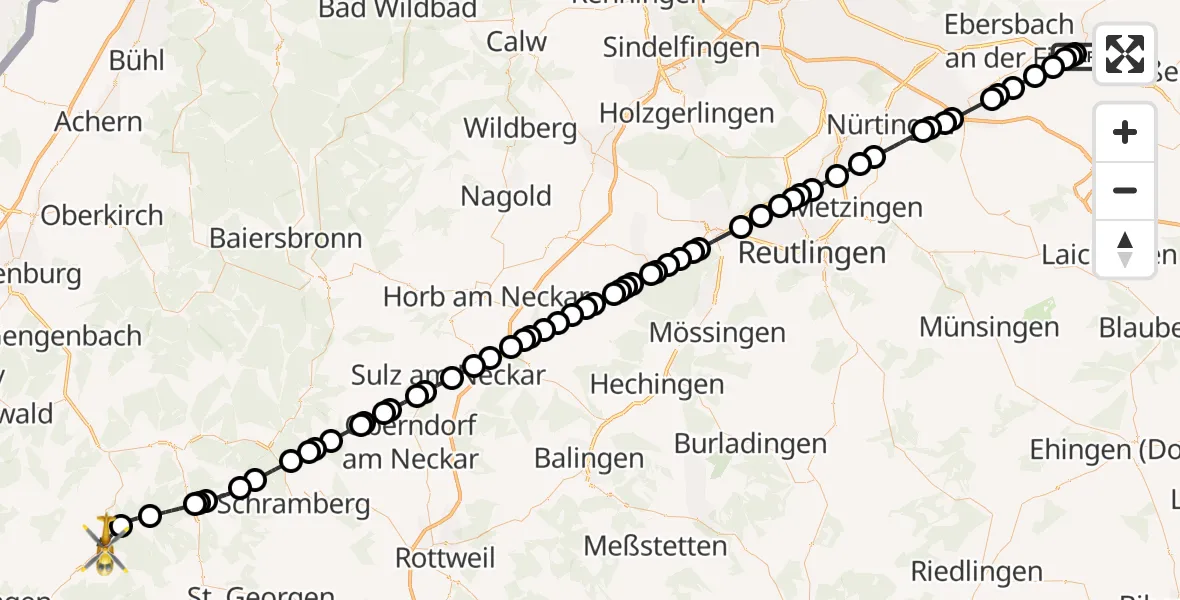 Flugroute Rettungshubschrauber Christophsbad Heliport - Elzach, 13 März 2026, 09:49