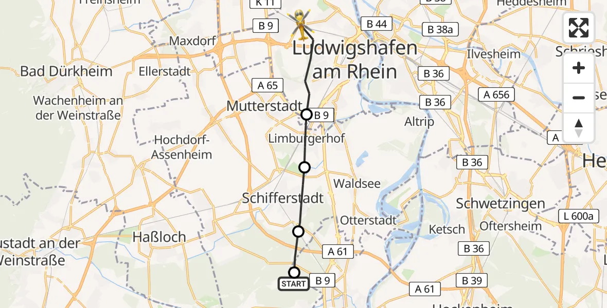 Flugroute Rettungshubschrauber Dudenhofen - Ludwigshafen Accident Hospital Heliport, 13 März 2026, 09:50