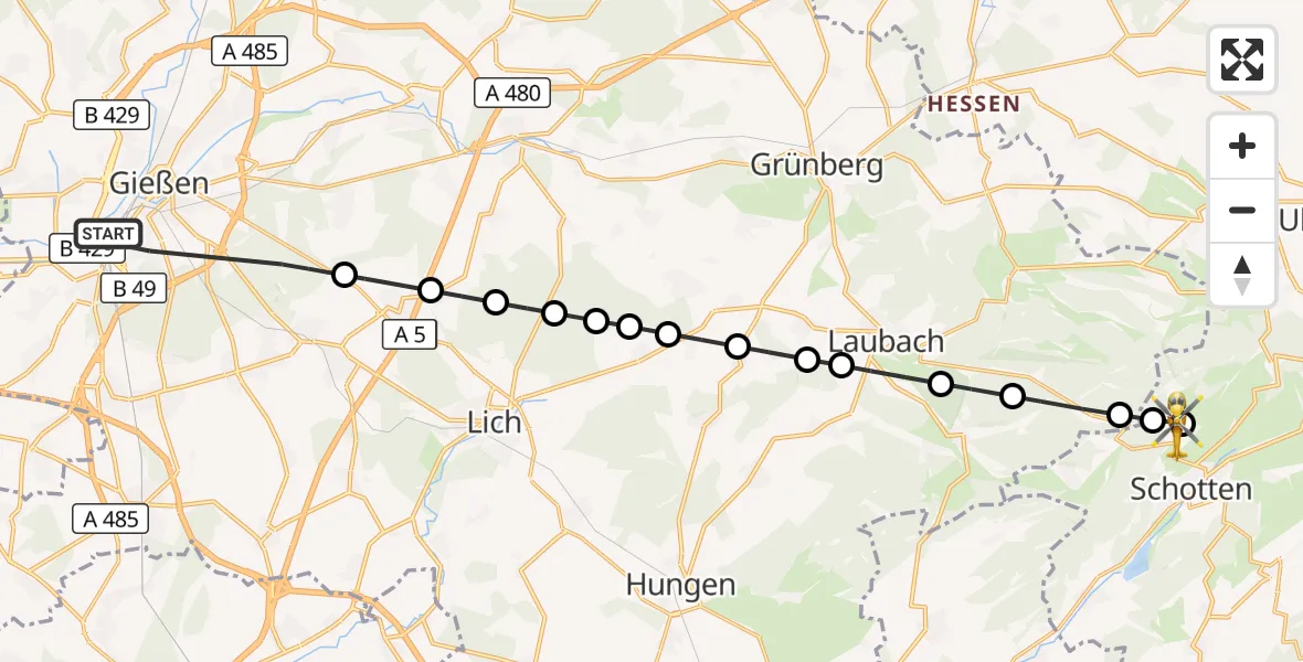 Flugroute Rettungshubschrauber Gießen - Betzenrod, 13 März 2026, 09:53