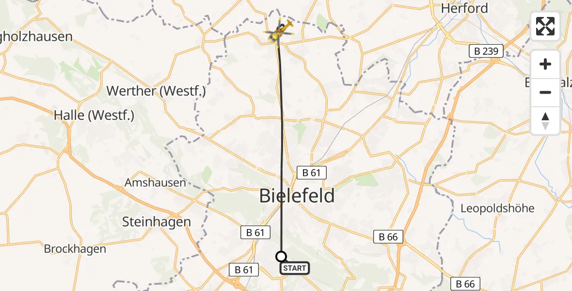 Flugroute Rettungshubschrauber Luftrettungszentrum Bielefeld - Bielefeld, 13 März 2026, 09:53