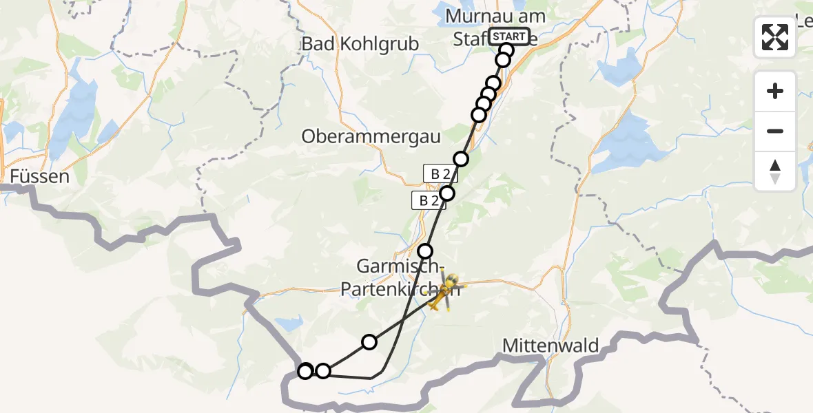 Flugroute Rettungshubschrauber Murnau Accident Hospital - Garmisch-Partenkirchen, 13 März 2026, 09:55