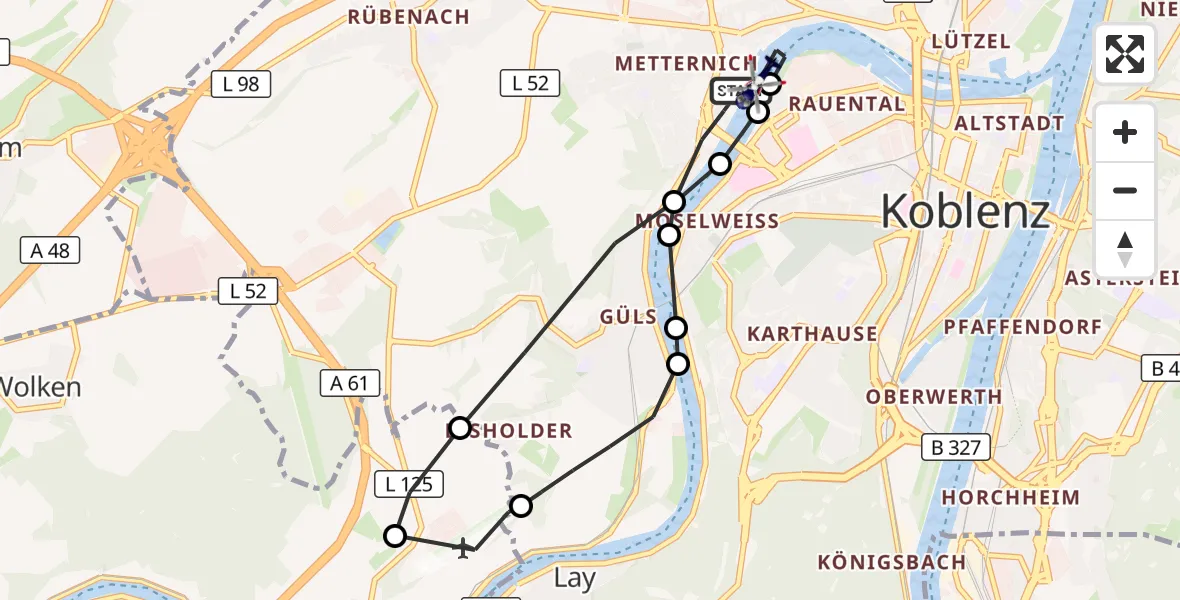 Flugroute Polizeihubschrauber Koblenz - Koblenz, 13 März 2026, 09:57