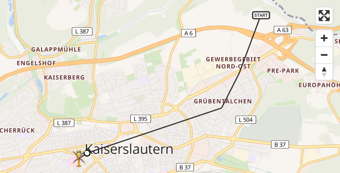 Flugroute Rettungshubschrauber Kaiserslautern - Westpfalz Hospital Kaiserslautern, 13 März 2026, 10:04