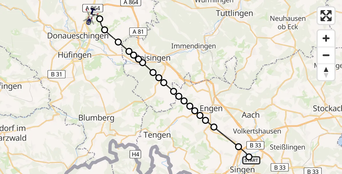 Flugroute Polizeihubschrauber Singen (Hohentwiel) - Donaueschingen-Villingen Airfield, 13 März 2026, 10:08