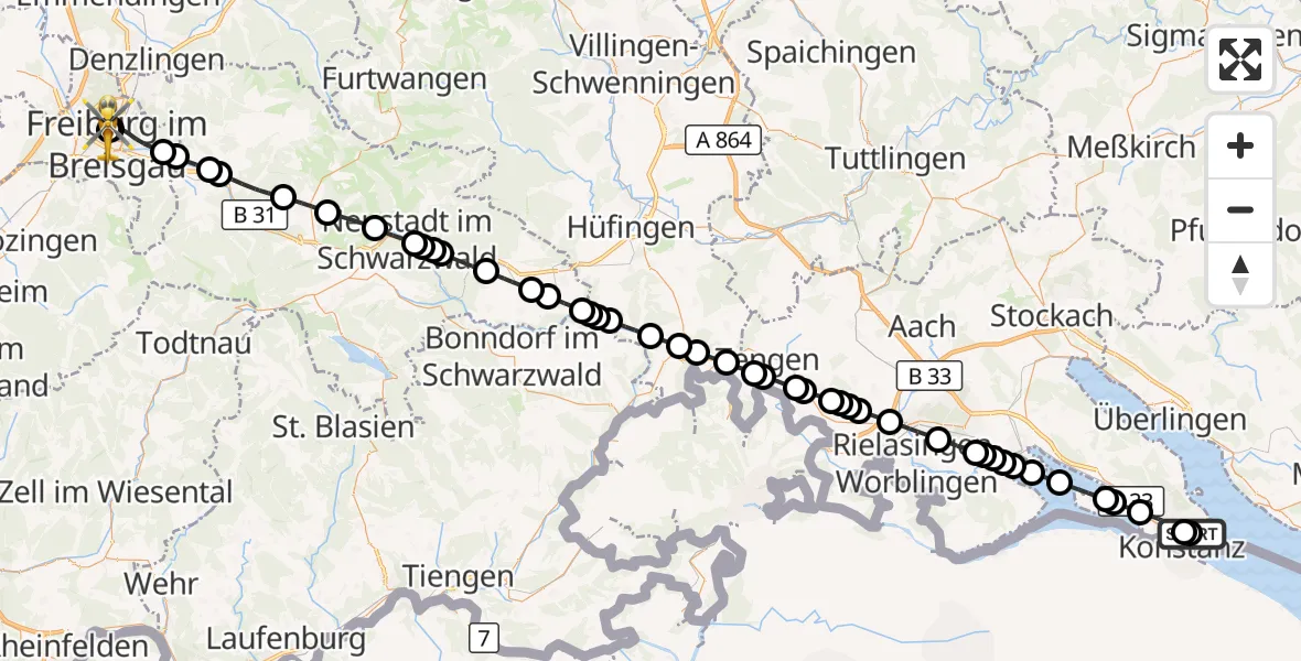 Flugroute Rettungshubschrauber Konstanz Hospital - Freiburg University Hospital Heliport 1, 13 März 2026, 10:09