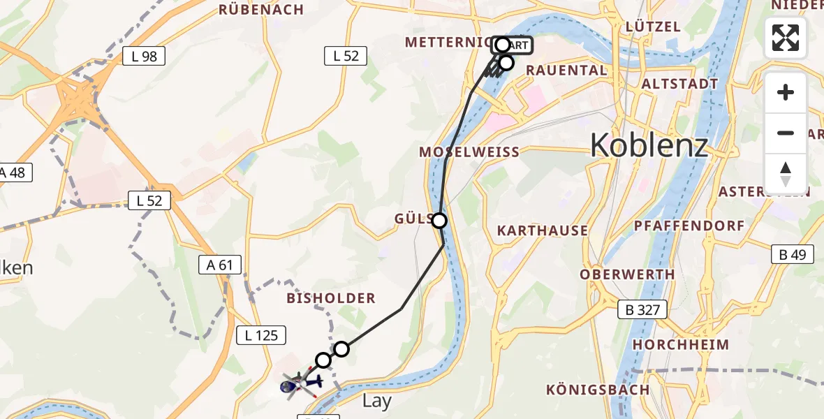 Routekaart van de vlucht: Polizeihubschrauber nach Koblenz-Winningen Airfield