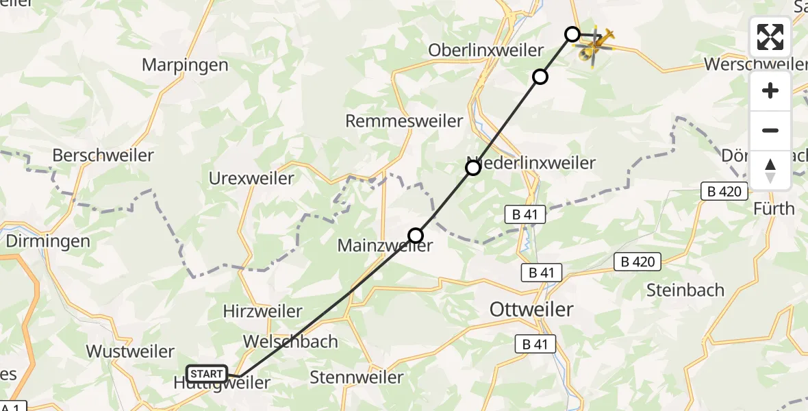 Flugroute Rettungshubschrauber Illingen - Marienhaus Hospital Sankt Wendel-Ottweiler Heliport, 13 März 2026, 10:12