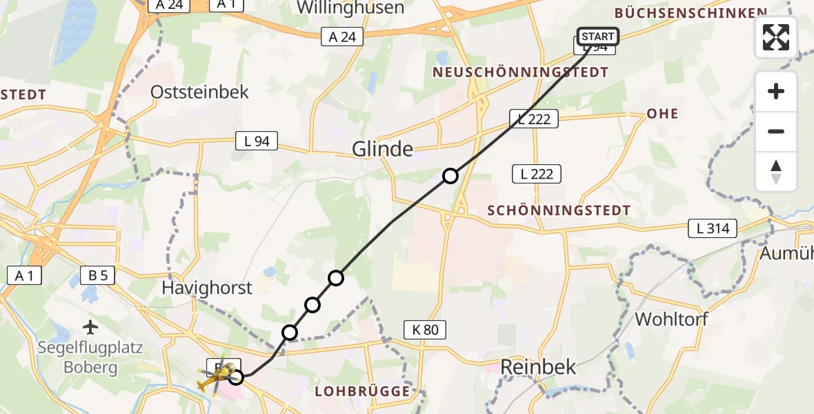 Routekaart van de vlucht: Ambulanzhubschrauber nach Christoph Hansa ADAC Helipad