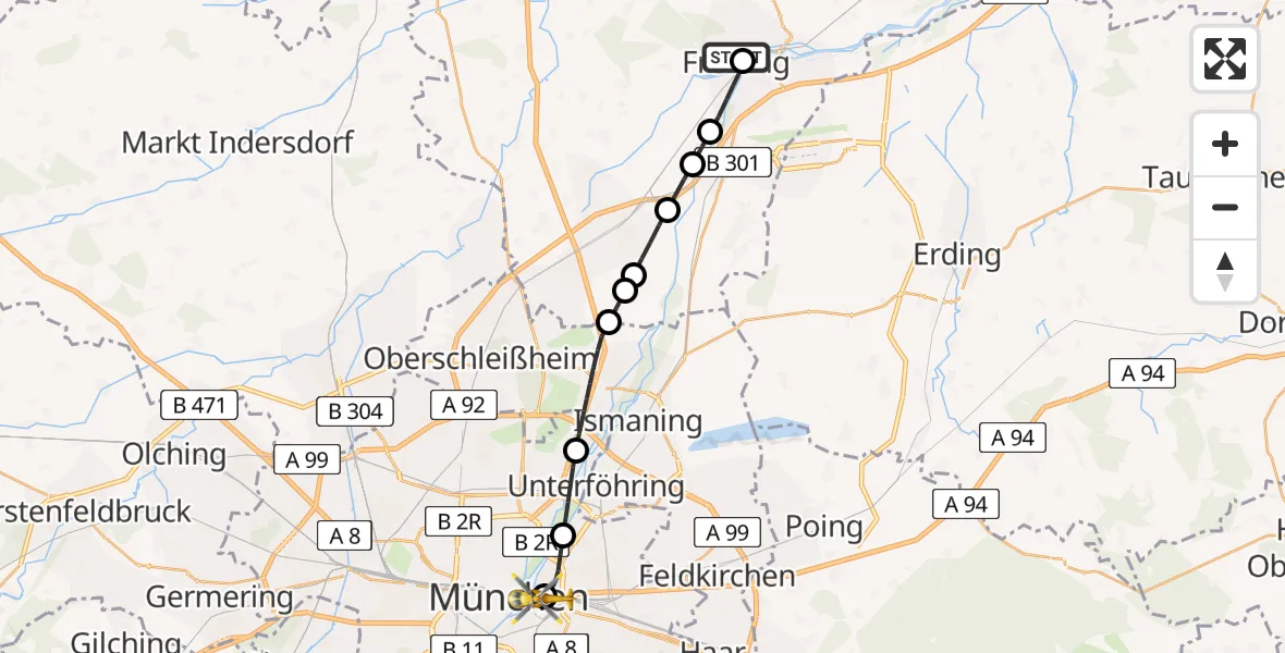 Flugroute Rettungshubschrauber Freising Clinic Heliport - Rechts der Isar University Hospital, 13 März 2026, 10:19