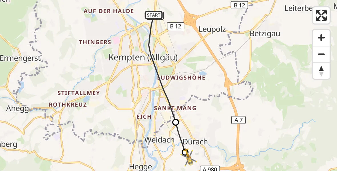 Flugroute Rettungshubschrauber Kempten (Allgäu) - Kempten-Durach Airfield, 13 März 2026, 10:19