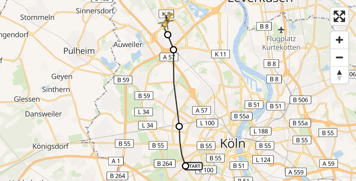 Flugroute Rettungshubschrauber Köln University Hospital - Chorweiler, 13 März 2026, 10:23