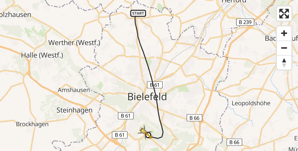 Flugroute Rettungshubschrauber Bielefeld - Luftrettungszentrum Bielefeld, 13 März 2026, 10:23