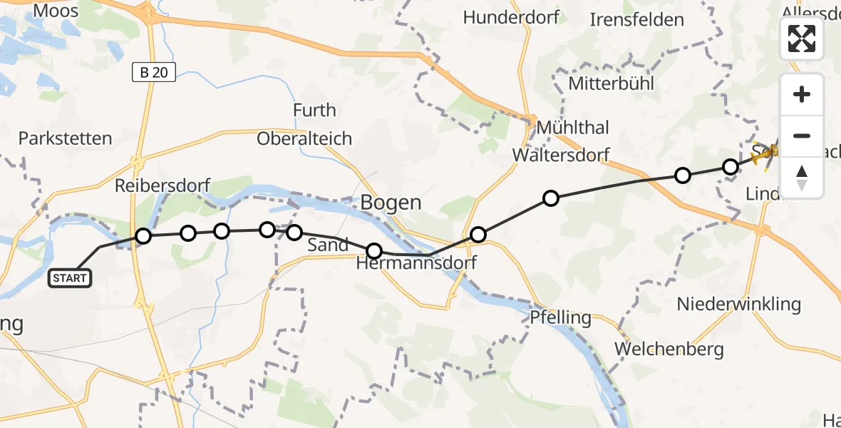 Flugroute Rettungshubschrauber Straubing - Lindforst, 13 März 2026, 10:24