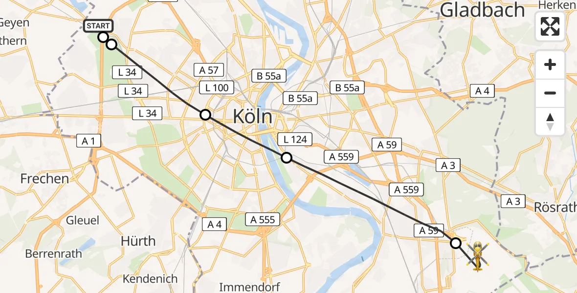 Flugroute Ambulanzhubschrauber Ehrenfeld - Cologne Bonn Airport, 13 März 2026, 10:31
