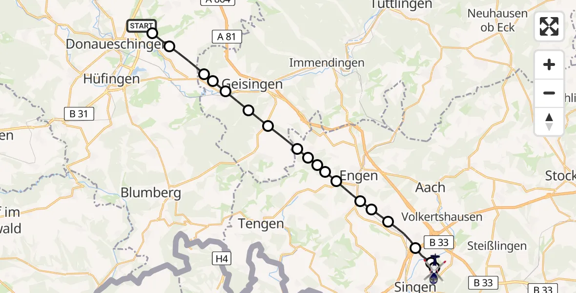Routekaart van de vlucht: Polizeihubschrauber nach Singen (Hohentwiel), Römerzielpromenade
