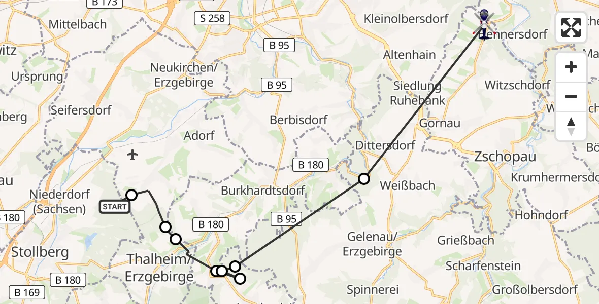 Flugroute Polizeihubschrauber Niederdorf - Gornau, 13 März 2026, 10:37