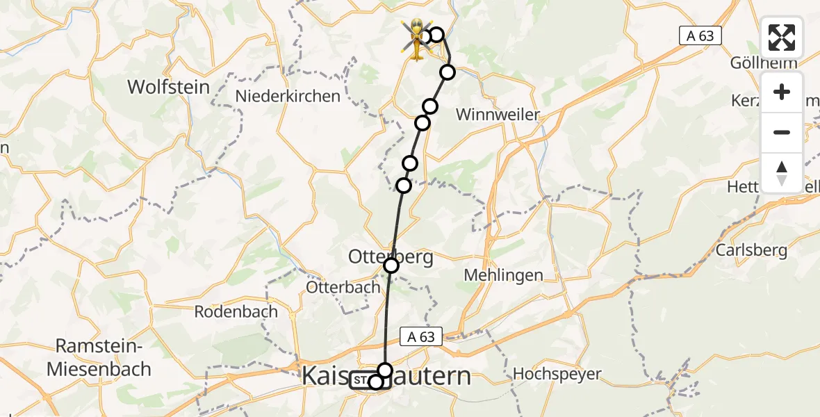 Flugroute Rettungshubschrauber Westpfalz Hospital Kaiserslautern - Imsweiler UL, 13 März 2026, 10:39