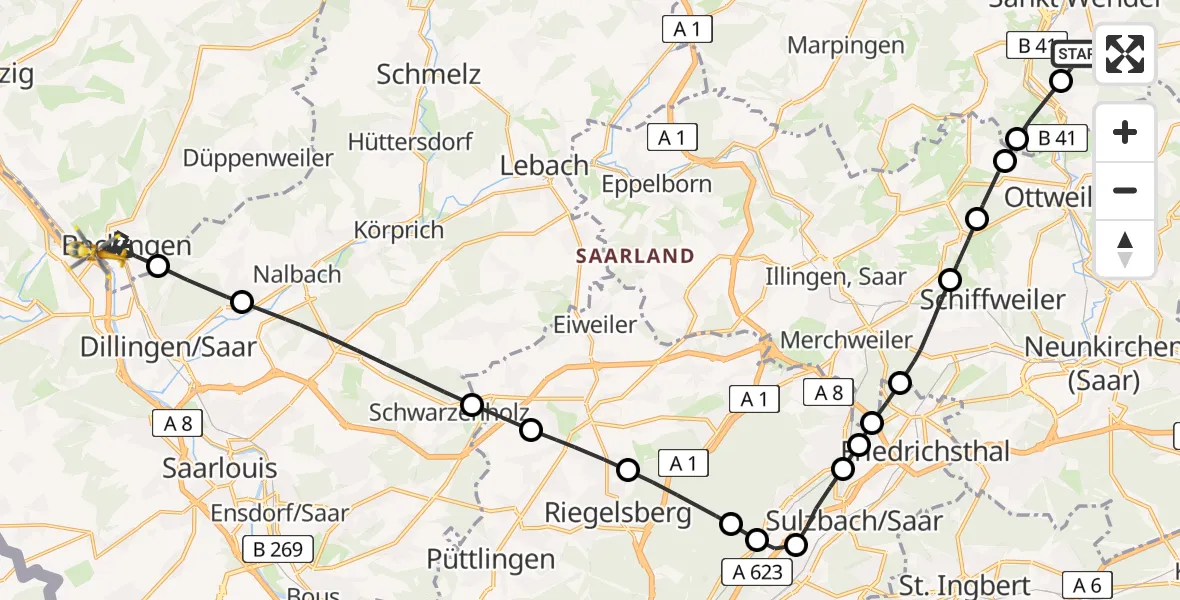 Flugroute Rettungshubschrauber Oberlinxweiler - Beckingen, 13 März 2026, 10:40
