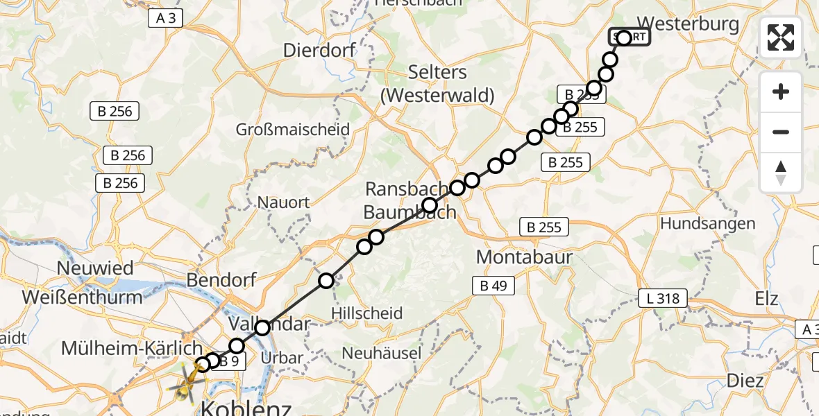 Flugroute Rettungshubschrauber Brandscheid - Koblenz, 13 März 2026, 10:45