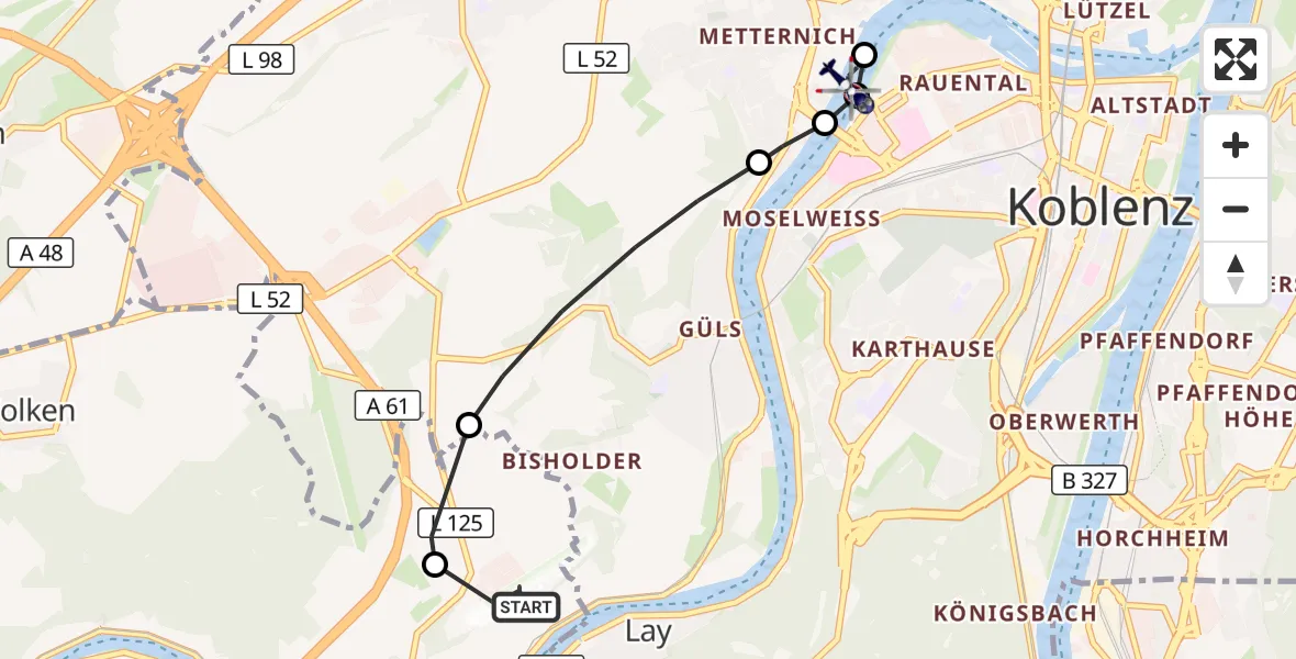 Flugroute Polizeihubschrauber Koblenz-Winningen Airfield - Koblenz, 13 März 2026, 10:47