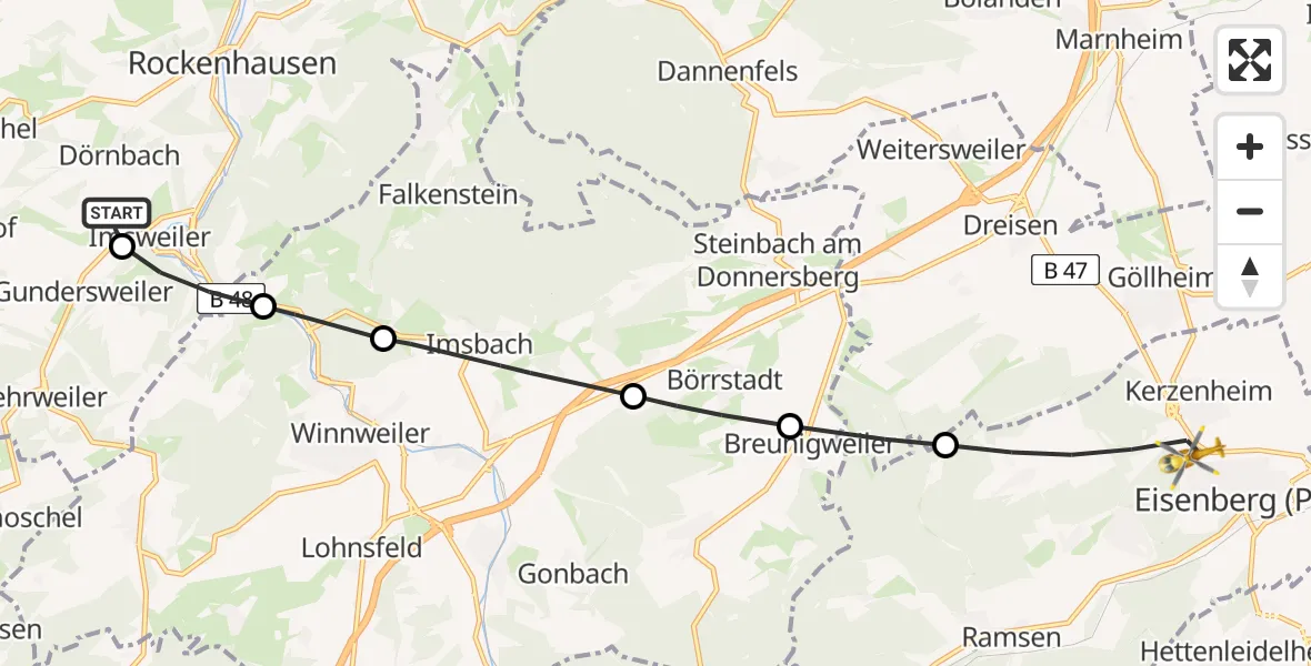 Flugroute Rettungshubschrauber Imsweiler UL - Kerzenheim, 13 März 2026, 10:53