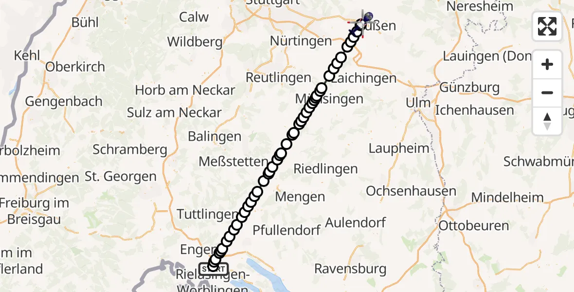 Flugroute Polizeihubschrauber Singen (Hohentwiel) - Göppingen (Kernstadt), 13 März 2026, 10:57