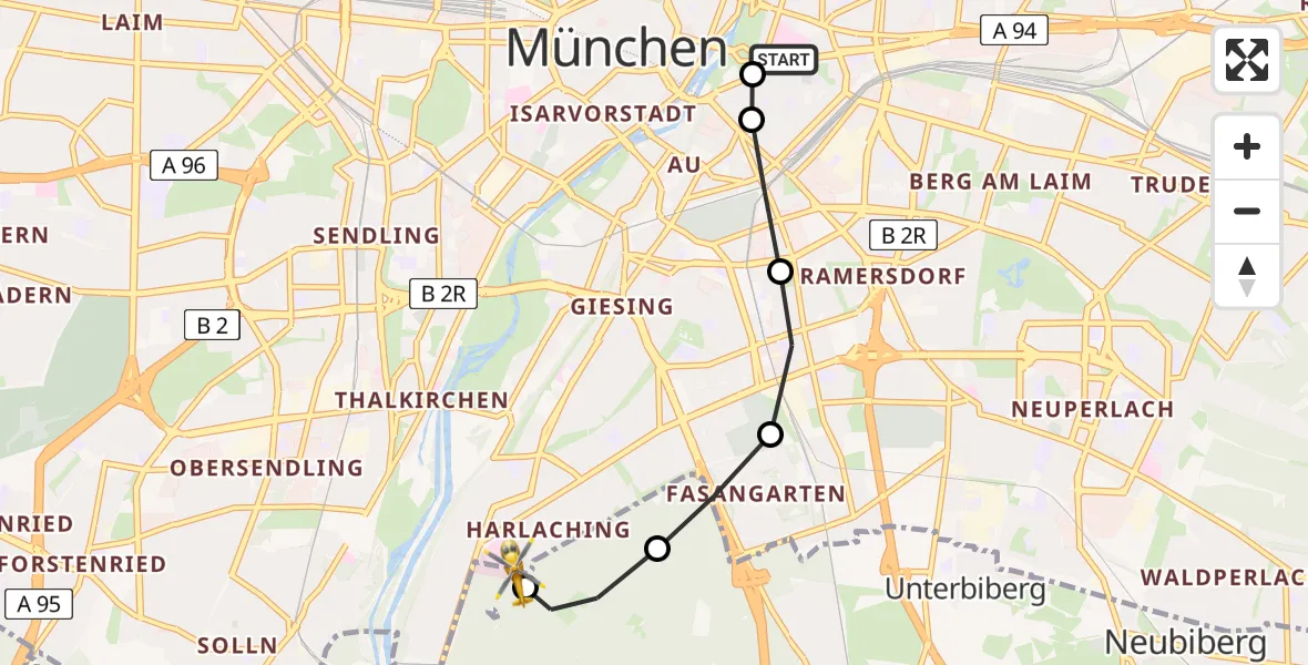 Flugroute Rettungshubschrauber Rechts der Isar University Hospital - ADAC Air Rescue Center Heliport (Christoph 1), 13 März 2026, 10:58