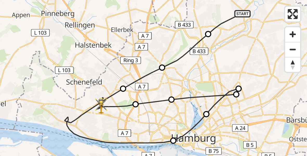 Flugroute Rettungshubschrauber Wandsbek - Altona, 13 März 2026, 11:01