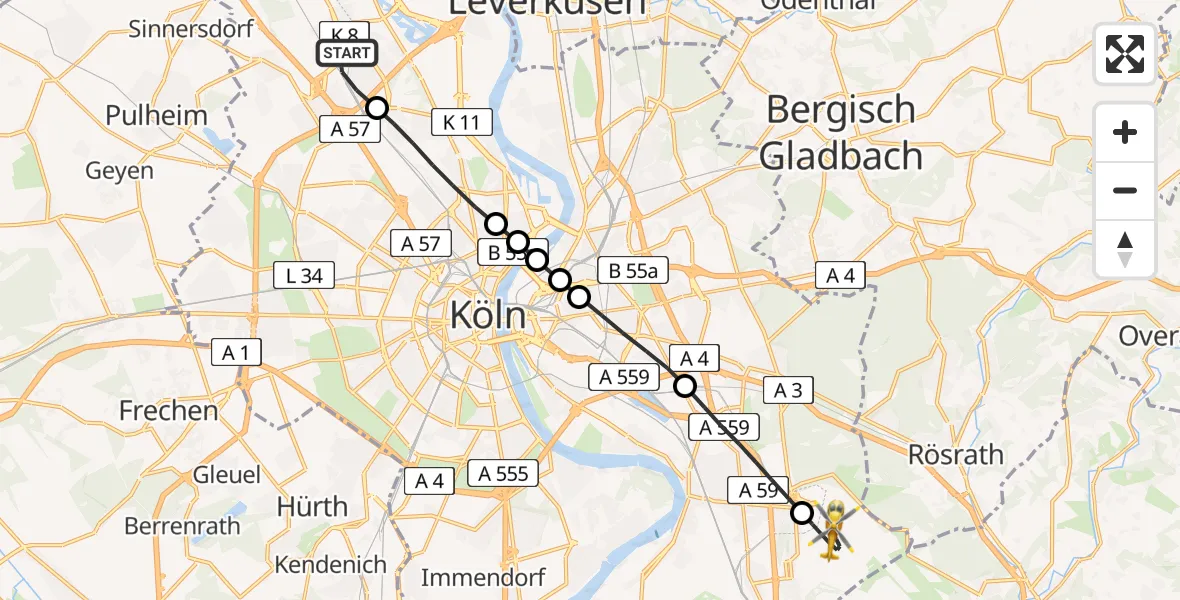 Flugroute Rettungshubschrauber Chorweiler - Cologne Bonn Airport, 13 März 2026, 11:05