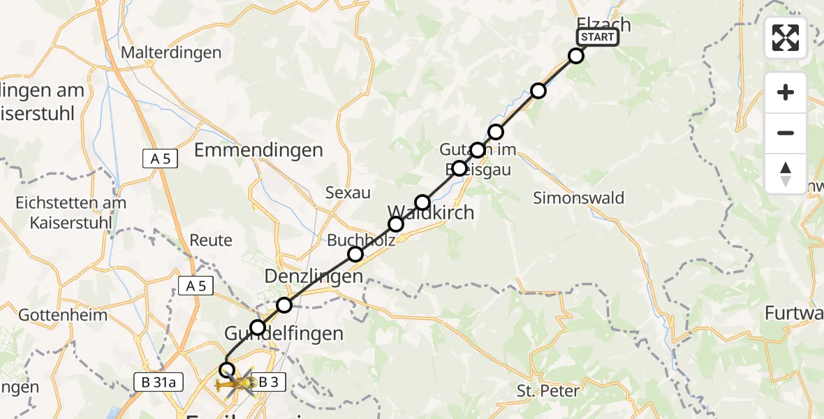 Flugroute Rettungshubschrauber Elzach - Freiburg im Breisgau Airfield, 13 März 2026, 11:08