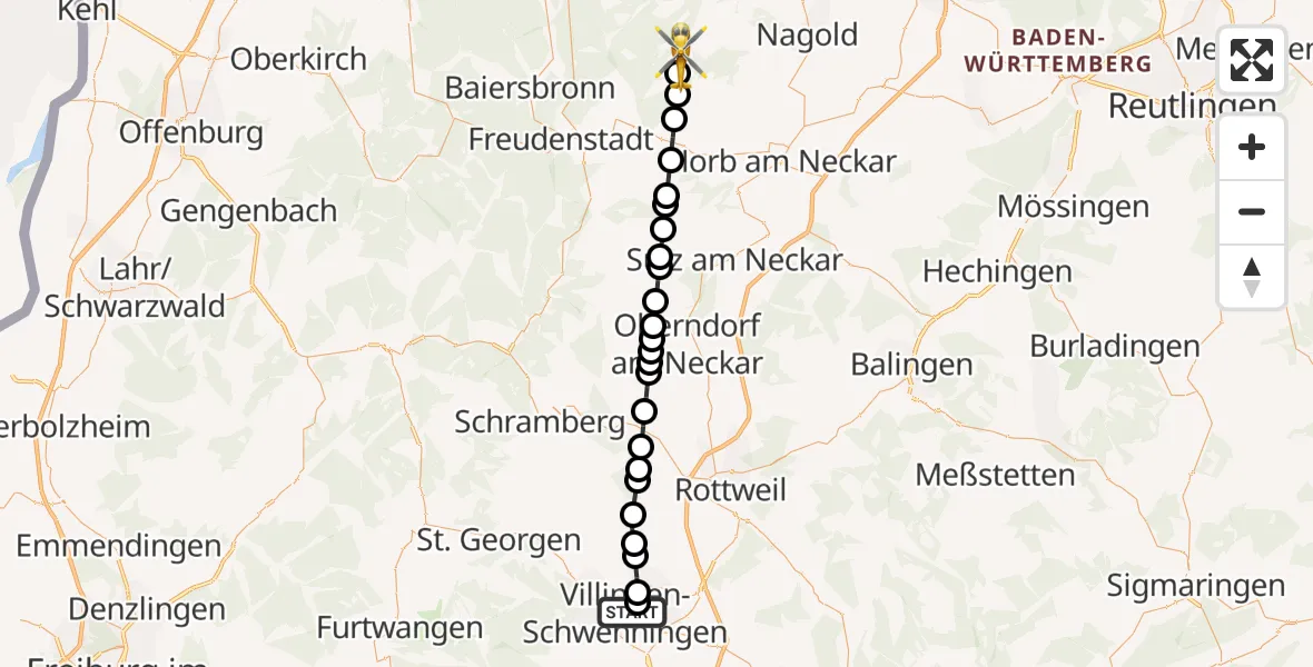 Flugroute Rettungshubschrauber DRF Air Rescue Station Villingen-Schwenningen Heliport (Christoph 11) - Pfalzgrafenweiler, 13 März 2026, 11:09
