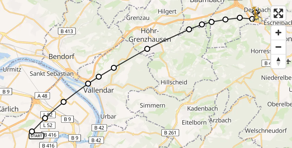 Flugroute Rettungshubschrauber Koblenz - Dernbach Sacred Heart Hospital, 13 März 2026, 11:13