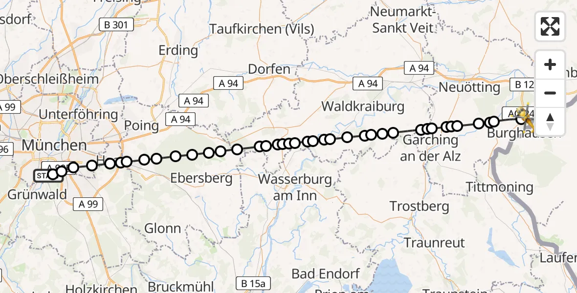 Flugroute Rettungshubschrauber ADAC Air Rescue Center Heliport (Christoph 1) - Burghausen, 13 März 2026, 11:20