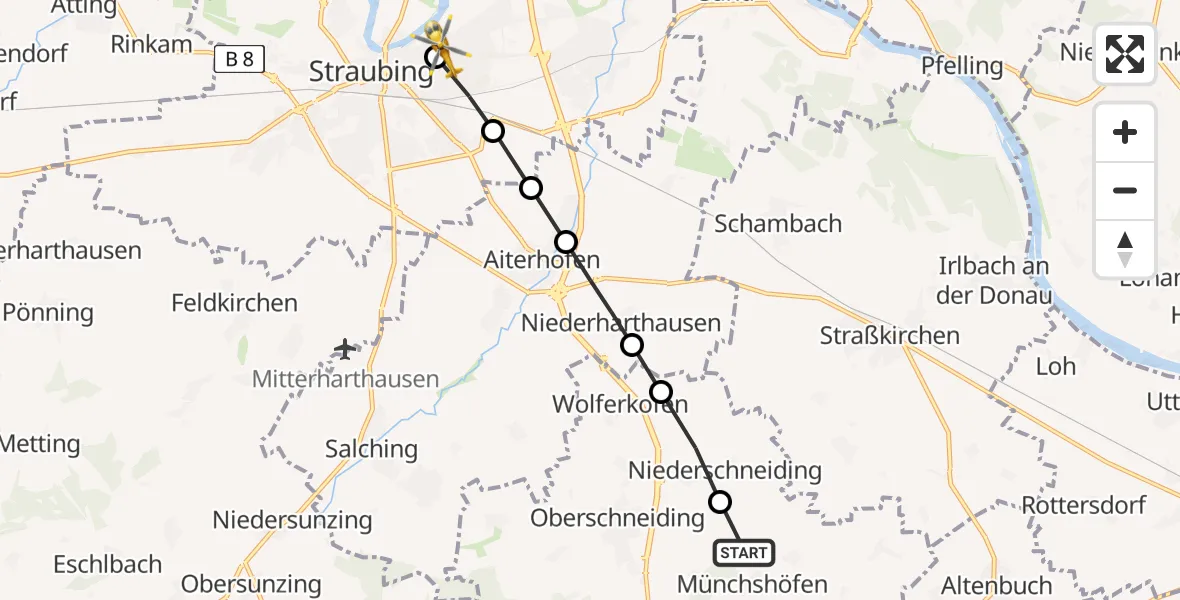 Flugroute Rettungshubschrauber Münchshöfen - Sankt Elisabeth Hospital Straubing, 13 März 2026, 11:24