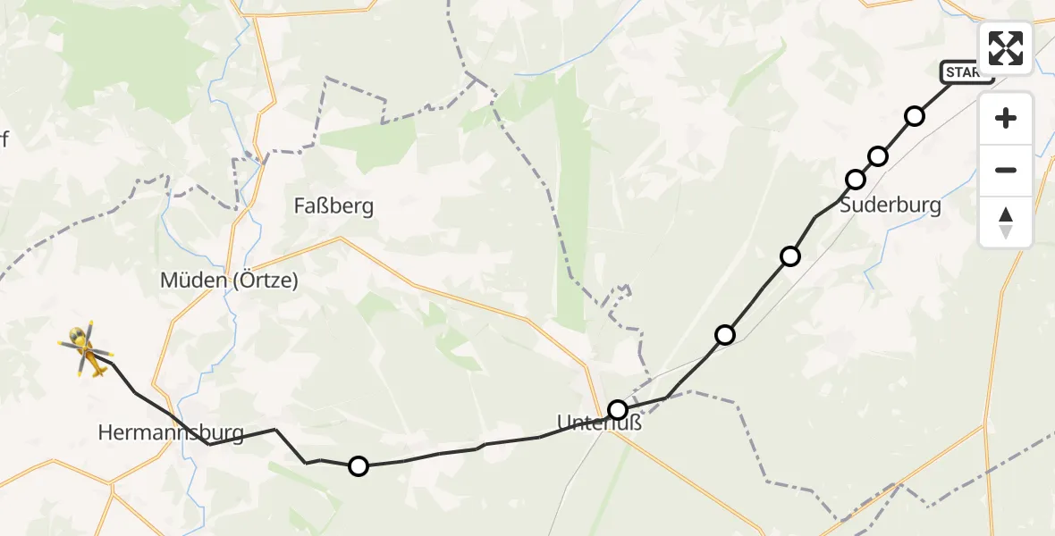 Flugroute Rettungshubschrauber Klein Süstedt - Hermannsburg, 13 März 2026, 11:24