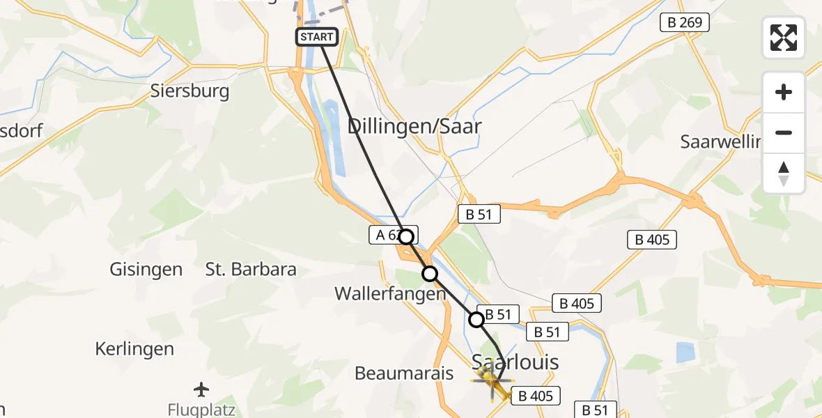Routekaart van de vlucht: Rettungshubschrauber nach Saarlouis, Kaibelstraße