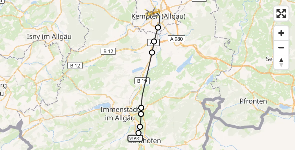 Flugroute Rettungshubschrauber Oberzollbrücke - Kempten (Allgäu), 13 März 2026, 11:26