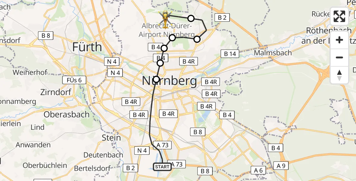 Flugroute Rettungshubschrauber Nürnberg - Nuremberg Airport, 13 März 2026, 11:27