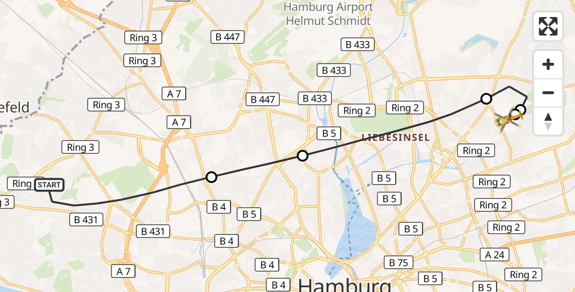Flugroute Rettungshubschrauber Altona - Hamburg Military Hospital, 13 März 2026, 11:38