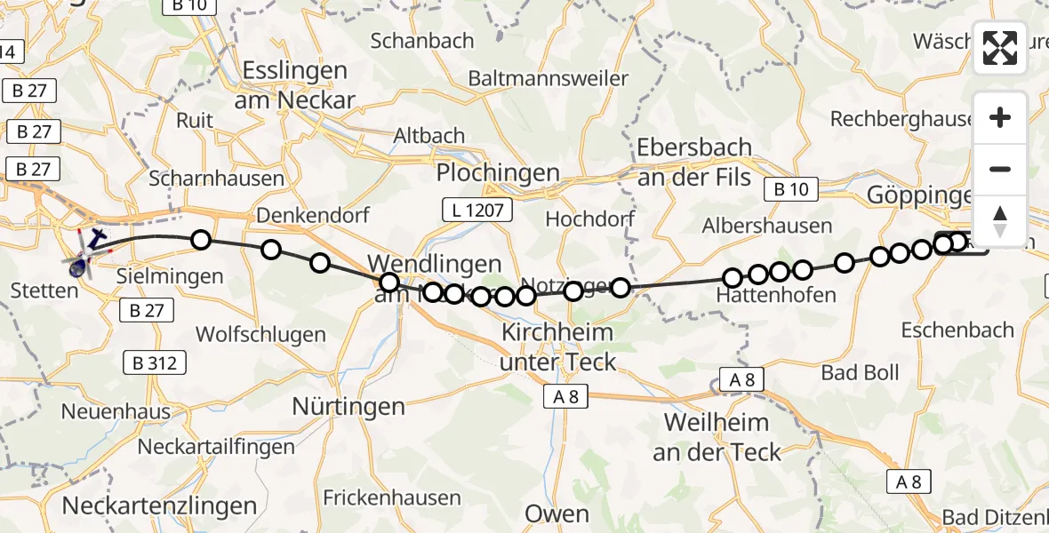 Flugroute Polizeihubschrauber Holzheim - Stuttgart Airport, 13 März 2026, 11:39