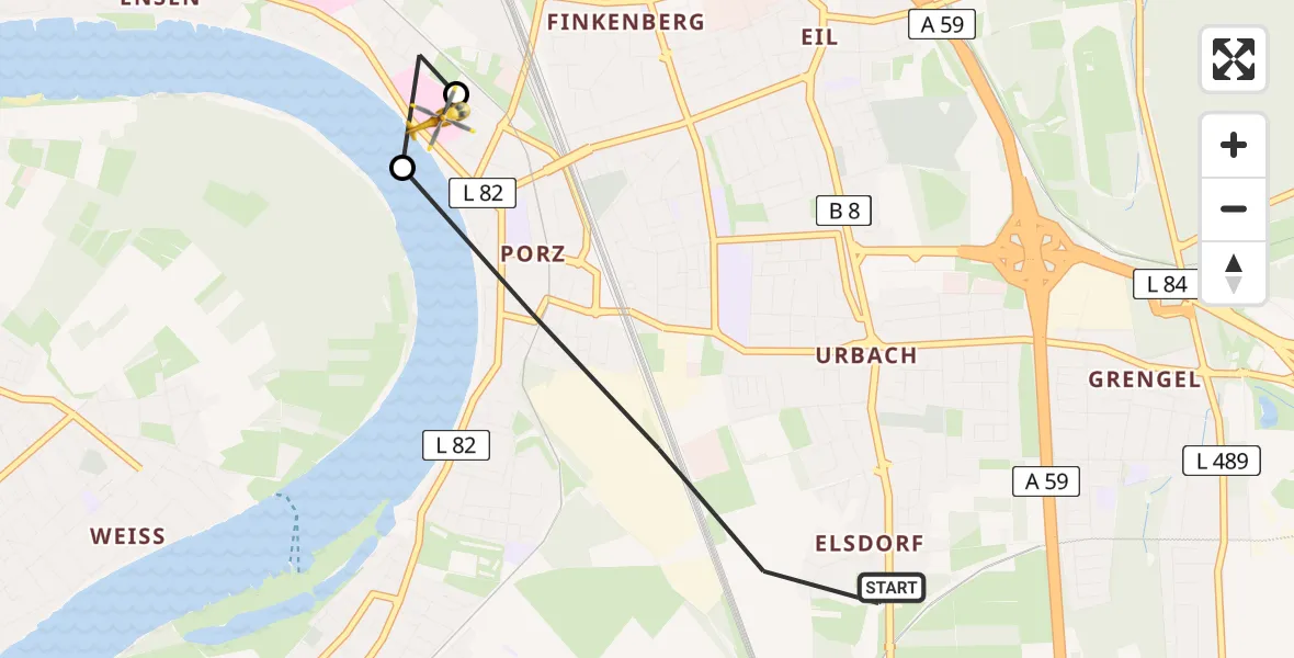 Flugroute Ambulanzhubschrauber Porz - Porz am Rhein Hospital, 13 März 2026, 11:40