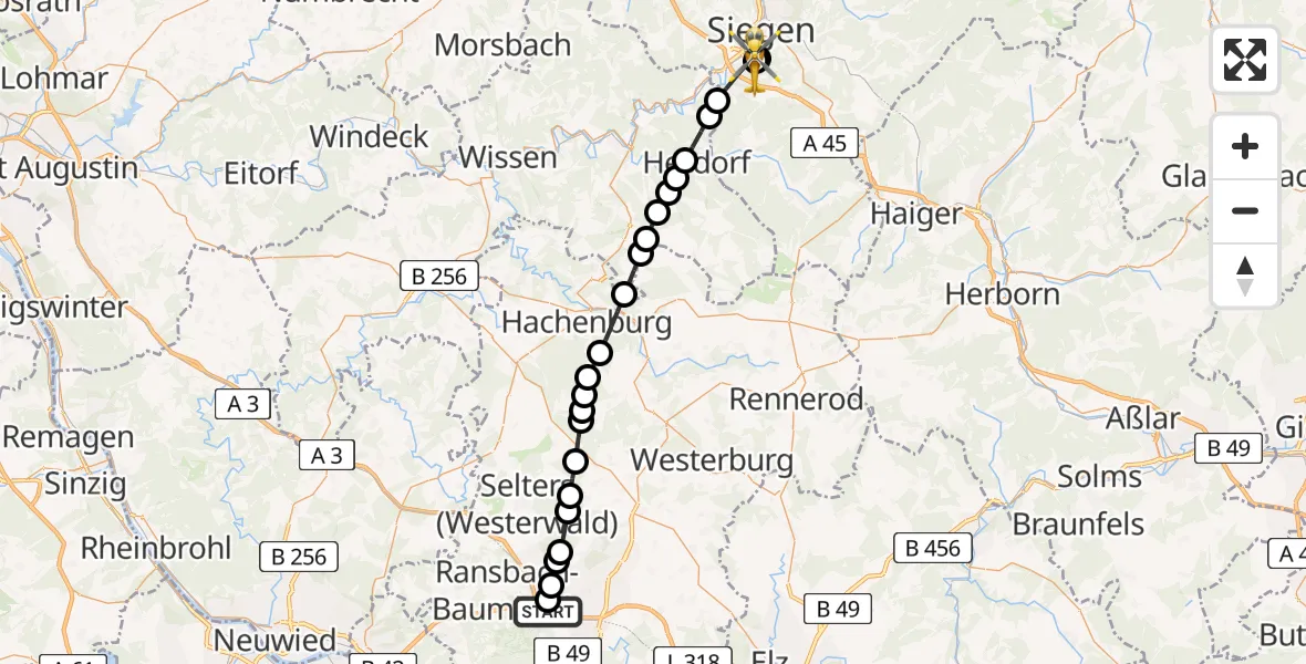 Flugroute Rettungshubschrauber Dernbach Sacred Heart Hospital - Evangelisches Jung-Stilling Hospital, 13 März 2026, 11:45