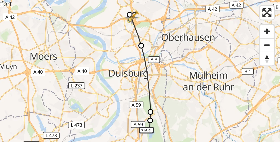 Flugroute Rettungshubschrauber Duisburg Air Rescue Heliport (Christoph 9) - Hamborn, 13 März 2026, 11:48