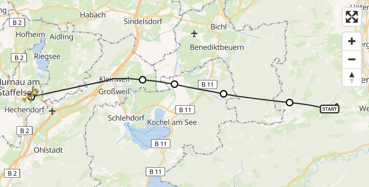 Flugroute Rettungshubschrauber Lenggries - Murnau Accident Hospital, 13 März 2026, 11:50