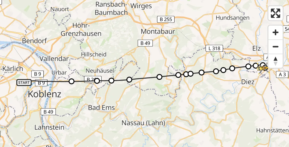 Flugroute Rettungshubschrauber Koblenz - Saint Vincent Hospital Limburg, 13 März 2026, 11:53