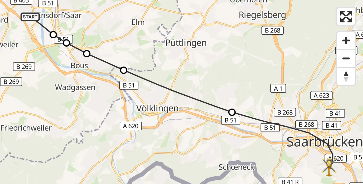 Flugroute Rettungshubschrauber Saarlouis - Saarbrücken, 13 März 2026, 11:54