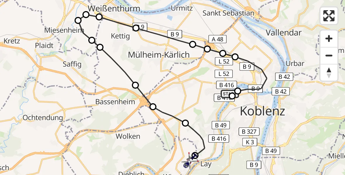 Flugroute Polizeihubschrauber Koblenz - Koblenz-Winningen Airfield, 13 März 2026, 11:58