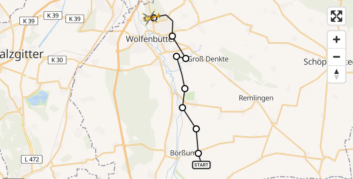 Routekaart van de vlucht: Rettungshubschrauber nach Wolfenbüttel Municipal Hospital Heliport (Christoph 30)