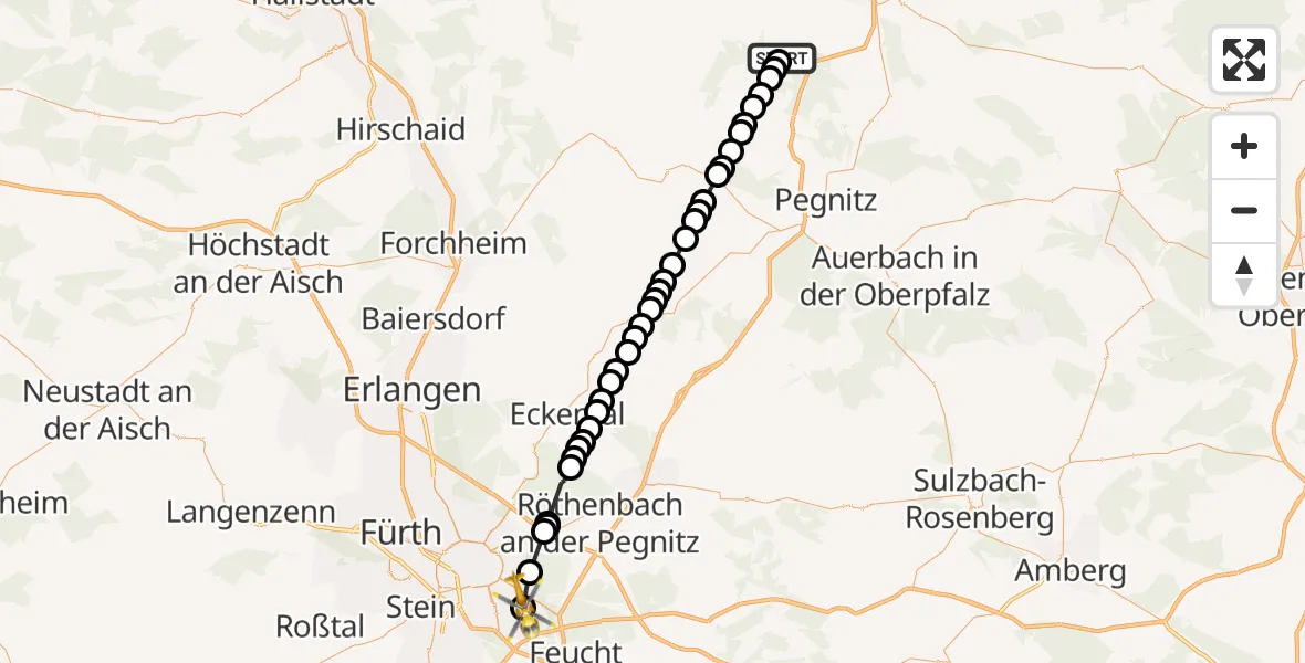Flugroute Rettungshubschrauber Creez - Nürnberg South Hospital, 13 März 2026, 12:07