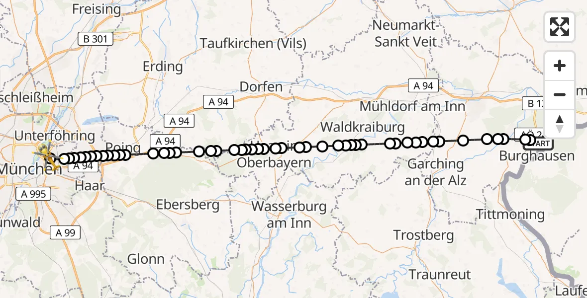 Flugroute Rettungshubschrauber Burghausen - München Bogenhausen Hospital, 13 März 2026, 12:11